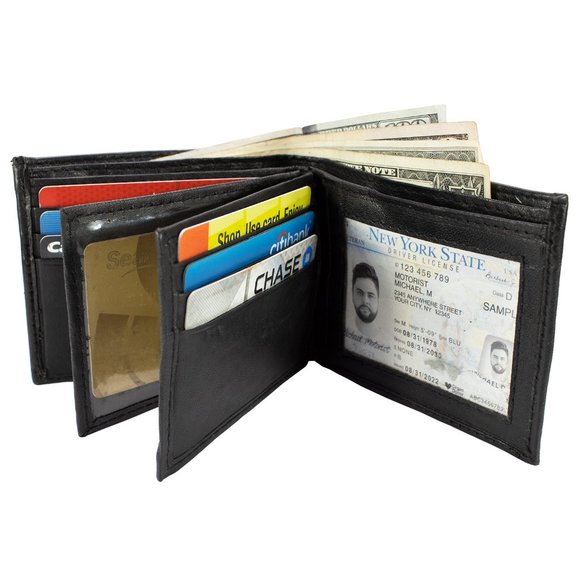 Men Lambskin Leather Wallet with Bifold 2 Center Flap, Black - Picture 1 of 13